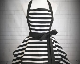 Black and white striped retro pinup apron // Makes a great gift/ kate spade inspired