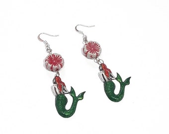 Mermaid earrings, red, green, silver brass, red flower czech bead earrings