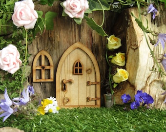 Country Cottage Wooden 3D Fairy Door Craft Kit with Fairy Windows, Keyhole and Door Handle for Fairy Gardens, Fairy Houses etc