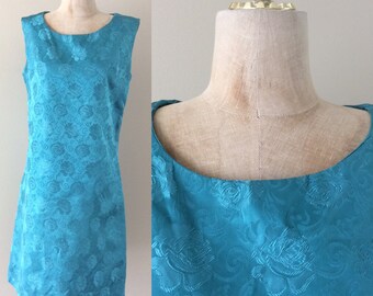 1970's Turquoise Blue Floral Brocade Shift Dress Size Medium by Maeberry Vintage
