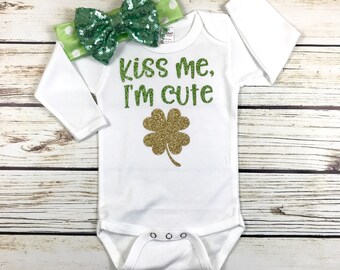 Kiss Me, I'm Cute Baby Girl St Patricks Day Bodysuit Outfit
