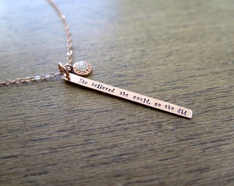 Rose Gold Necklace, Pave Diamond, Graduation Gift, Inspirational Jewelry, She Believed She Could So She Did Necklace, Motivational Necklace