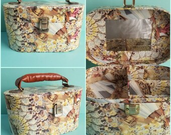 1990s Vintage Train Case Makeup / Sewing Kit / Jewelry Box Tray Insert Victorian Floral Decoupage Print 90s Fashion