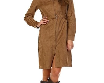 Women's Long Sleeve Suede Belted Dress