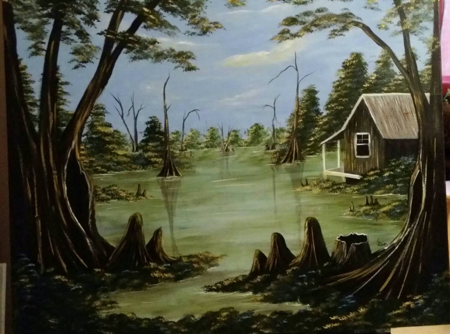 Painting on canvas featuring a Louisiana Swamp Scene