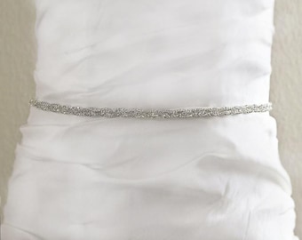Bridal Wedding Sash, Silver Wedding Belt, Rhinestone White Satin Wedding Sash , Wedding Accessories- BT006