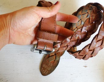 Brown genuine leather braided belt woven distressed one size fits all vintage 90s