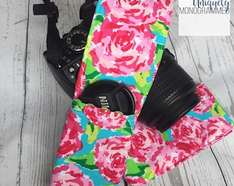 Camera Strap-Padded Camera Strap Cover Lens Cap Pocket-Photographer Gift-Bright Lilly Floral-pink-green-turquoise