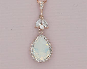 White Opal Necklace Opal Wedding Necklace Rose Gold Bridal Jewelry Swarovski Rhinestone Necklace for Brides Bridesmaid Necklace silver gold