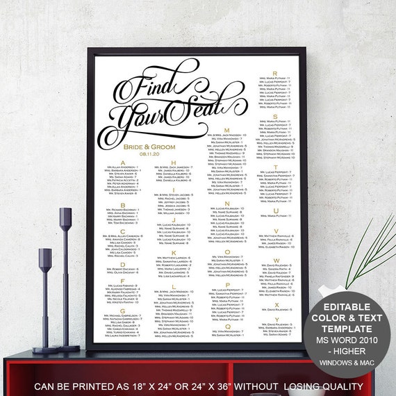 printable wedding seating chart template alphabetical seating chart poster