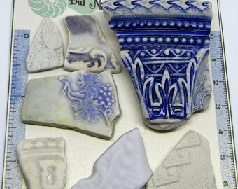 7 Impressed/Embossed Scottish Sea Pottery Shards Vintage Sea Pottery jewellery/art supplies with a seaside beach nautical theme