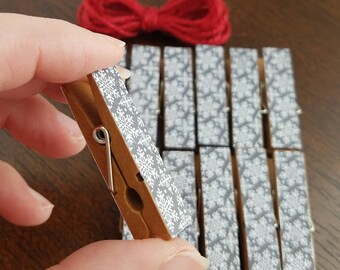 Snowy Day Winter Flakes, Rustic Snowflakes, Clothesline Clips w Twine for Photo Display, Chunky Little Clothespin Set of 12, Gifts Under 10