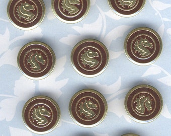 Set of 10 Gold and Burgundy Red Metal Buttons with Horse Design-Item# 128