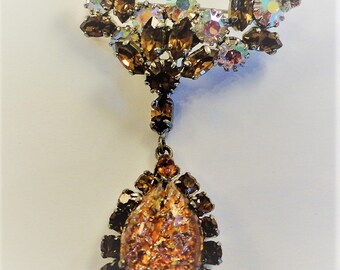 50s Amber/AB Rhinestones Easter Egg Dangle Brooche