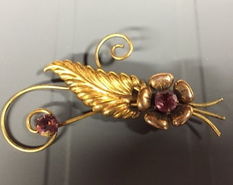 Vintage gold filled brooch with amethyst rhinestones