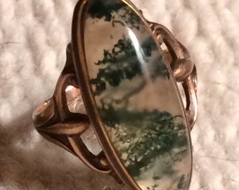 Vintage Mossy Agate & 10k Gold Ring - Size 3 1/2