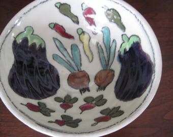 Vintage Signed Pottery Bowl with Vegetables