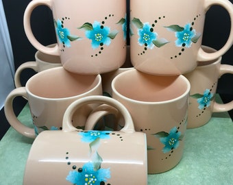 Mugs or Cups Coffee Unique One of A Kind Hand Painted Special Peach Set of 4 Turquoise and White Stippled Flowers Drinkware Kitchen Decor