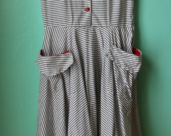 50s Sleeveless Striped Shirt Dress with Red Detail