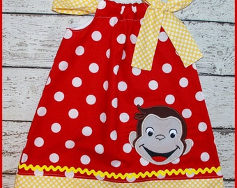 Curious George Monkey Pillowcase style dress red polka dot and yellow