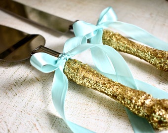 Gold wedding cake knife and server set- FREE shipping , wedding cake topper, wedding decorations, bridal shower gift, wedding accessories