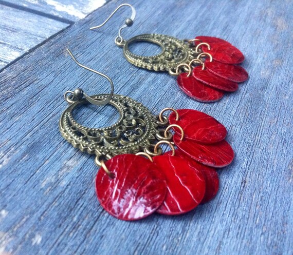 Red "Simply Chandelier" Mussel Shell Earrings