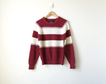 80s Pink Block Stripe Sweater - 80s Sweater Vintage Sweater 80s Clothing - White & Pink Sweater - Colorblock Sweater - Women's L