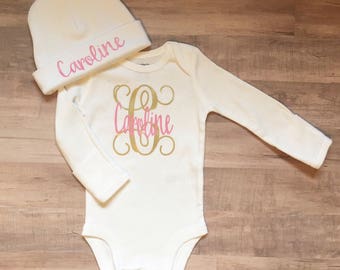 personalized baby bodysuit, monogram baby gift, baby girl coming home outfit, initial baby outfit, infant girl clothes, newborn photo outfit