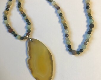Yellow Agate slice with Agate and Amazonite beads.