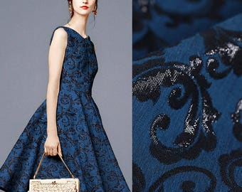 150CM Wide 280G/M Weight Black Jacquard Blue Polyester Cotton Linen Fabric for Spring and Autumn Dress Shirt Jacket DE467