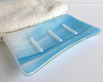 Fused Glass Soap Dish in Streaky White and Turquoise by BPRDesigns