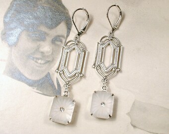 Art Deco Vintage Camphor Glass Pendant Dangle Earrings, Antique Silver Long Bridal Drops 1920s 1930 Edwardian Jewelry Great Gatsby Wedding