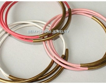 3 Antique Gold Tube CUSTOM Leather Bangles - Pick Color Leather / Size, Lead Free Leather Single Tube Bangles - Stacking Bracelets