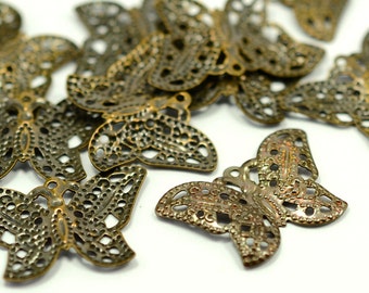 15 Pcs. Antique Brass 15x22 mm Butterfly Filigree Charms Findings