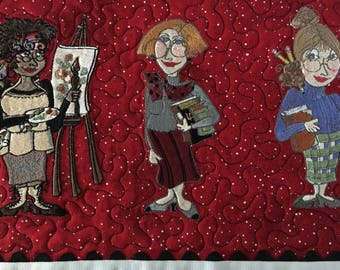 Teachers Gift Mug Rug Quilted Snack Mat Placemat Embroidered Teachers Red and Black Table Decor Ready to Ship Quiltsy Handmade