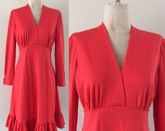 1970's Red Polyester Ruffle Hem Dress Size Medium by Maeberry Vintage