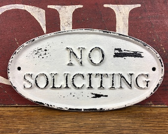 No Soliciting Sign, Rustic Cast Iron Door Plaque, Oval Farmhouse Porch Signage, Black and White Cottage Wall Hanging, Metal No Solicitation