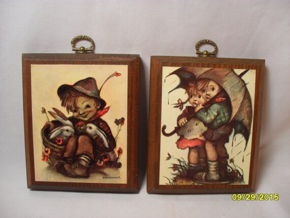 Cute Pair of Vintage Wood Hummel Pictures Boy and Boy and Girl