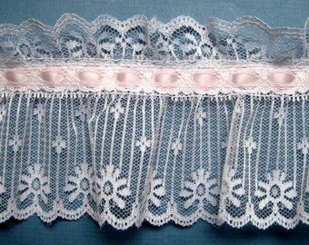 Extra Wide Ruffled Lace With Ribbon Beading, Light Pink / White , 4 1/2" inch wide, 1 Yard, For Victorian & Romantic Projects