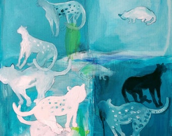 Original painting CATS acrylic on canvas green blue abstract 24" x 24"