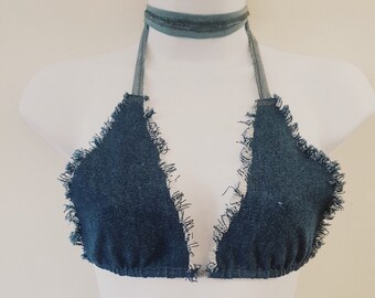 Denim Fray Bralet - Dark Blue