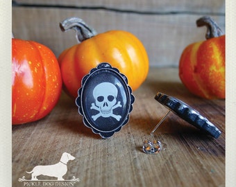 DOLLAR DEAL! Skull and Bones. Post Earrings -- (Vintage-Style, Halloween, Skull, Black, White, Simple, Goth, Punk, Skull Stud, Gift Under 5)