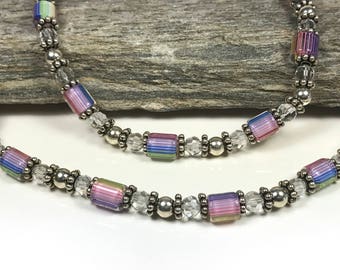 Pink-toned Multi-color Lampwork Glass and Sterling Silver Bead Necklace: Beautiful to own or give as a gift
