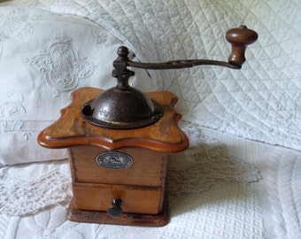 Antique French coffee grinder wood coffee mill wooden coffee grinder coffee grinder complete w label, kitchenware country cottage kitchen