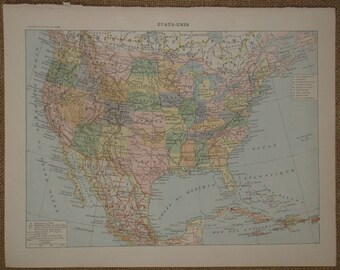 Antique USA map printed in France 1897-1904 with the States of America illustrated in color