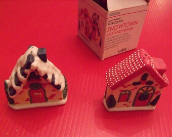 Winter Salt and pepper shakers SNOWTOWN, LaVie brand, hand painted porcelain. New old stock.Gift.Christmas gift.