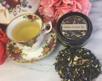 Peaches-N-Green Loose Leaf Tea 1.2 oz in Round Window Tin Tea Caddy or Pouch