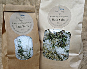 Rosemary Eucalyptus Bath Salts, handmade, essential oils, rosemary and eucalyptus leaves, muscle soak, therapeutic, Sister Mary Sage