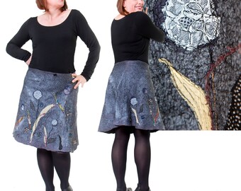 Felt Art Skirt Outstanding Unique Floral Design - Reversible Art Garment Silk Merino Wool - Upcycling Ecofriendly Made in Paris Design