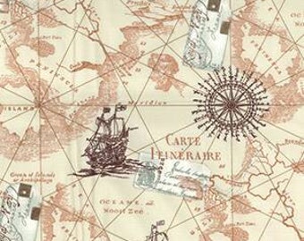 Shabby chic fabric cotton poplin nautical ship design vintage look sold by yard